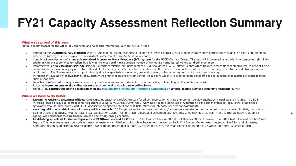 fy21 capacity assessment reflection summary