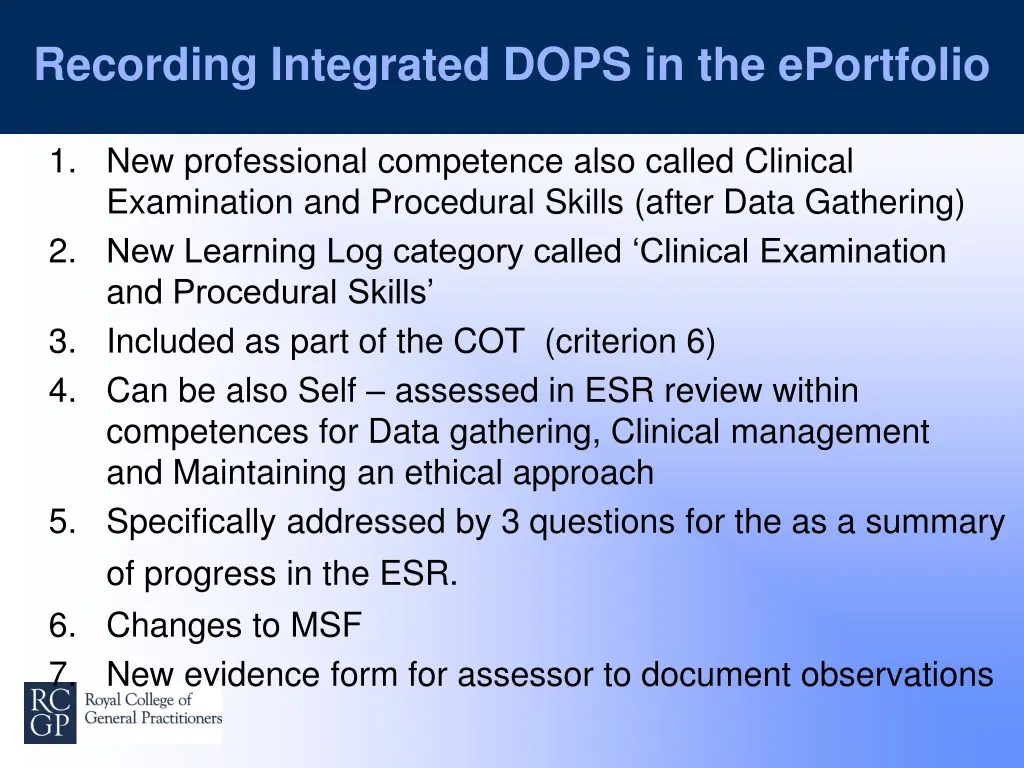 recording integrated dops in the eportfolio