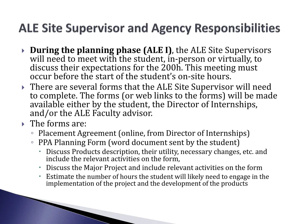 during the planning phase ale i the ale site