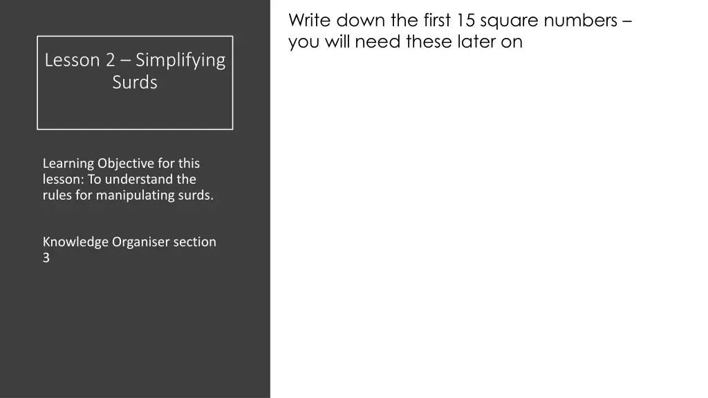 write down the first 15 square numbers you will