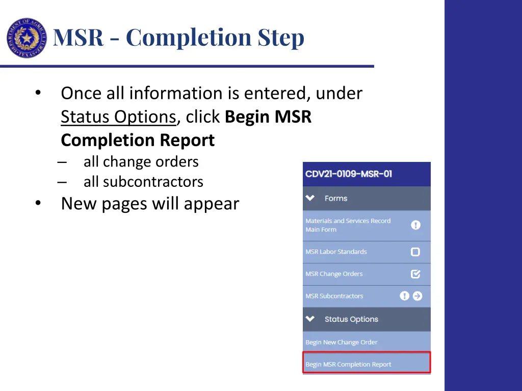 msr completion step