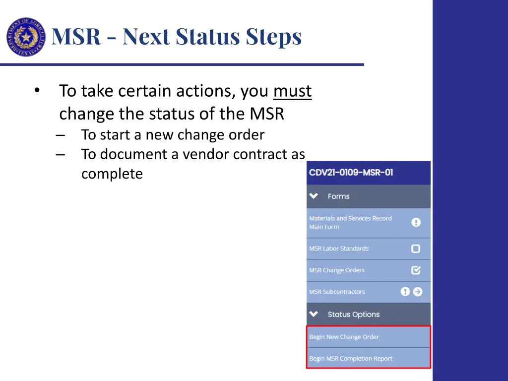 msr next status steps