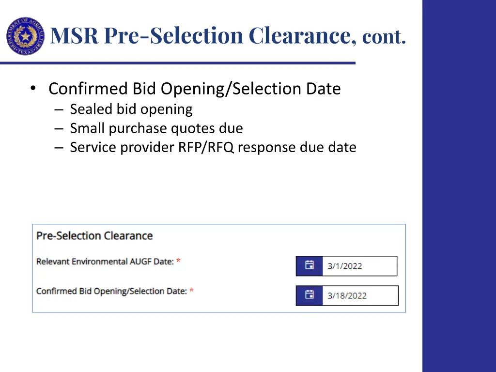 msr pre selection clearance cont