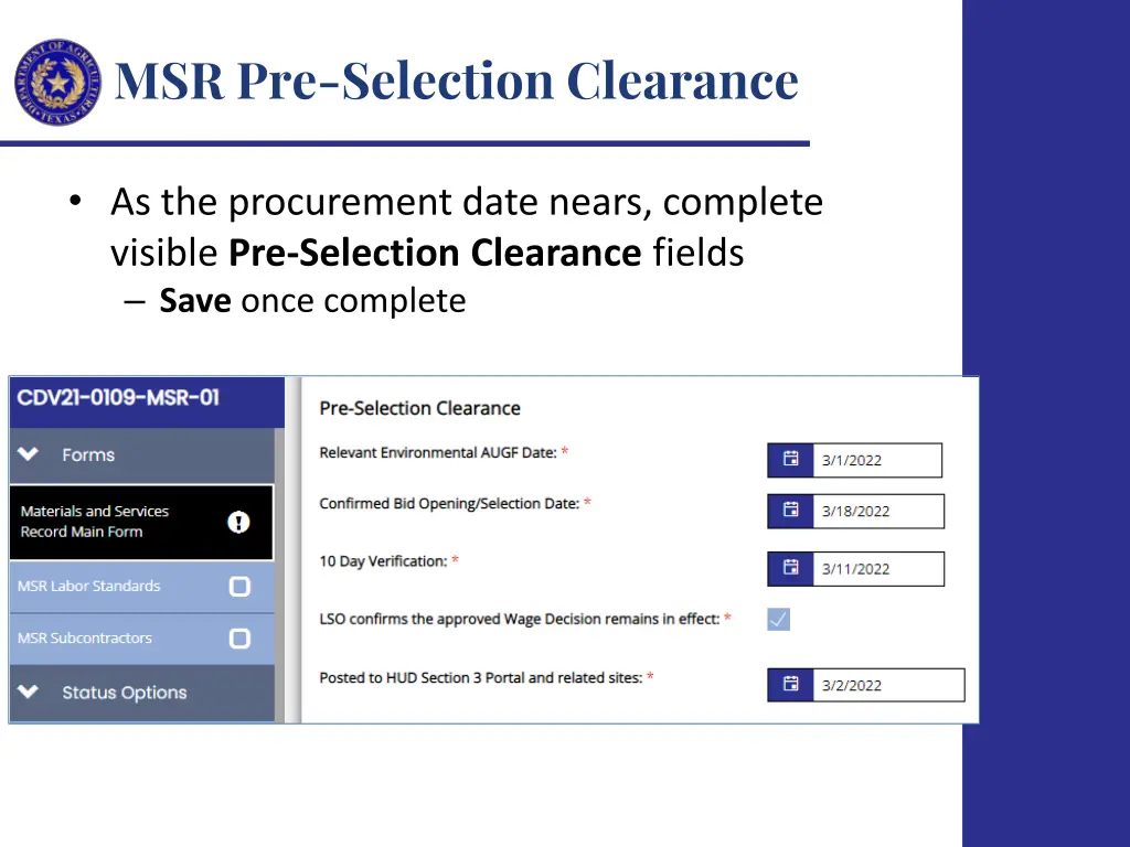 msr pre selection clearance