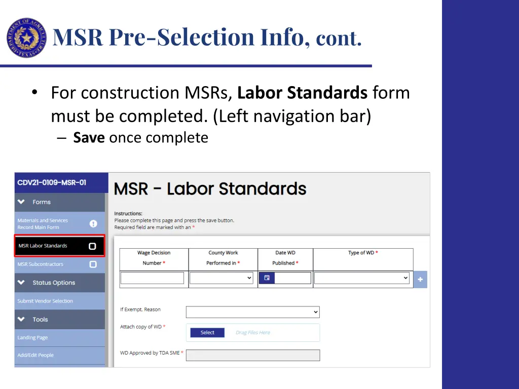 msr pre selection info cont