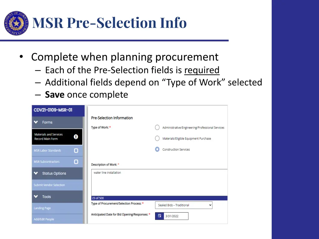 msr pre selection info