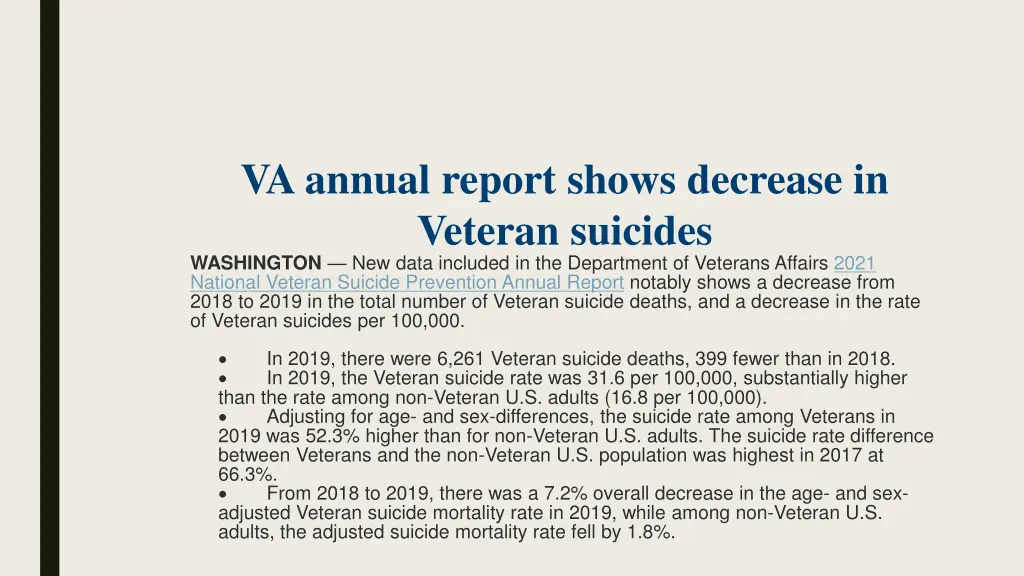 va annual report shows decrease in veteran