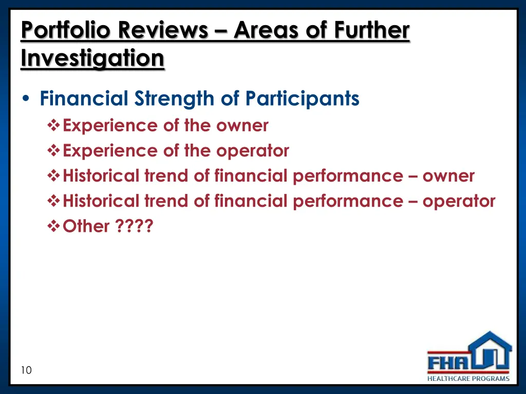 portfolio reviews areas of further investigation