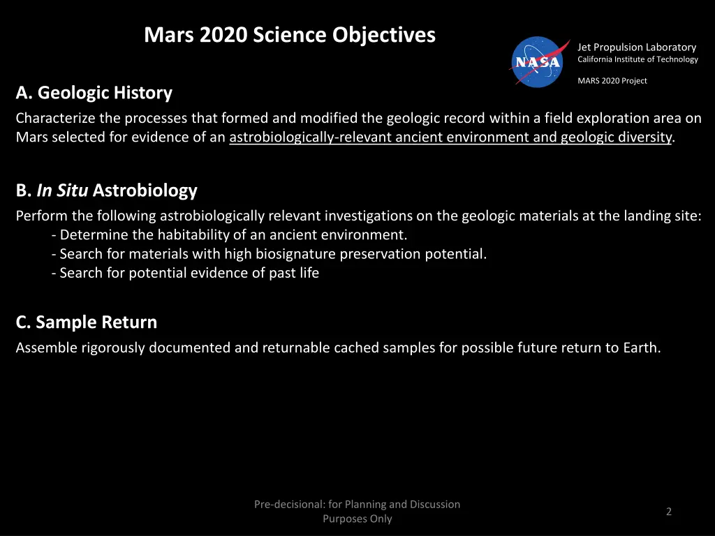 mars 2020 science objectives