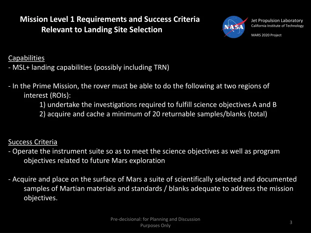 mission level 1 requirements and success criteria