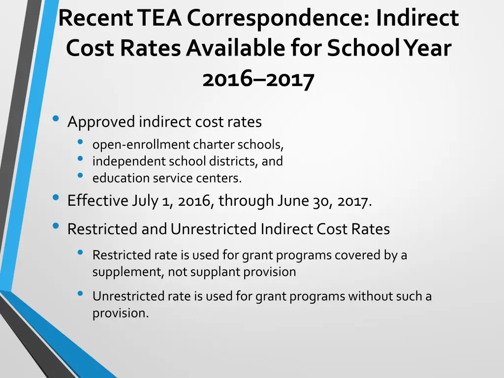 recent tea correspondence indirect cost rates