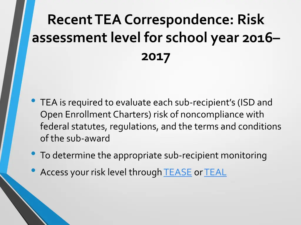 recent tea correspondence risk assessment level