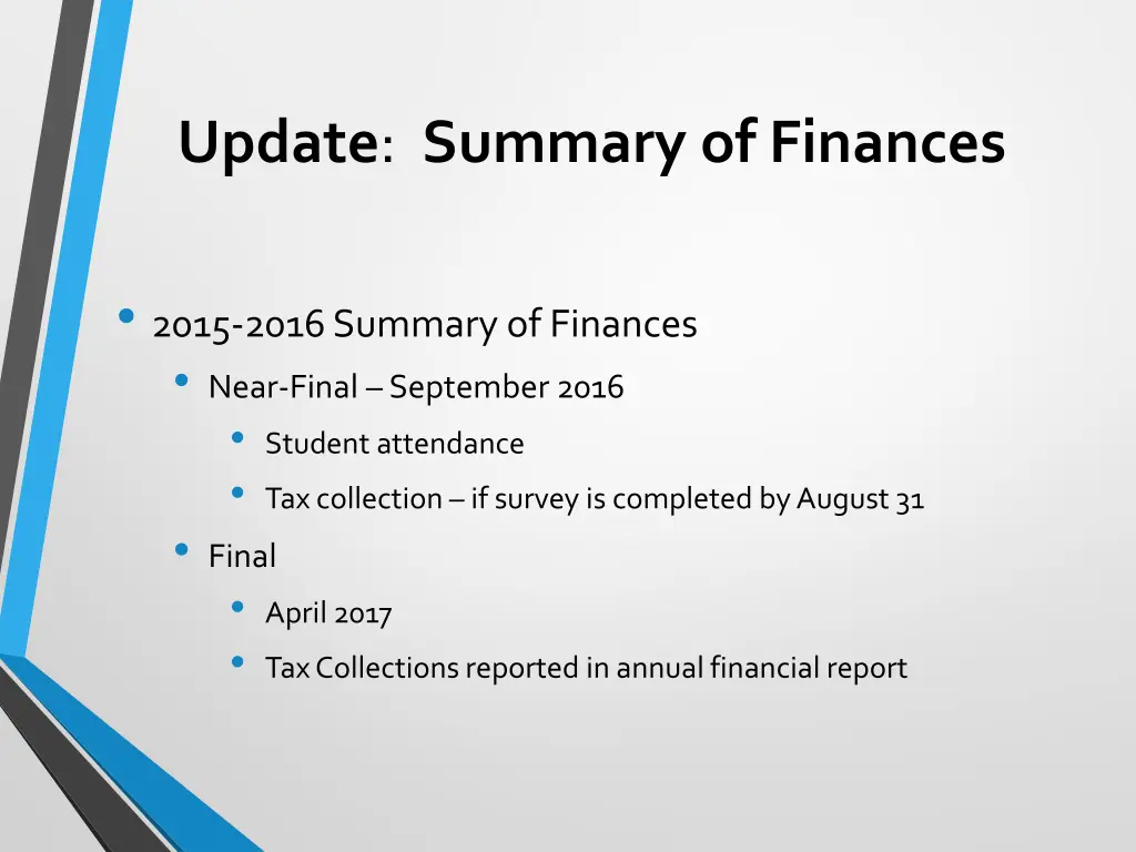 update summary of finances