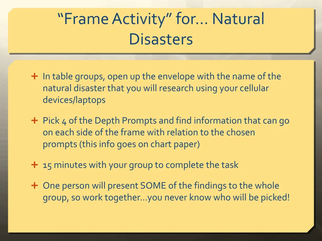 frame activity for natural disasters