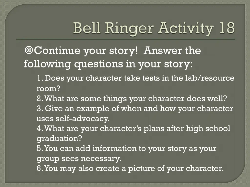 continue your story answer the following