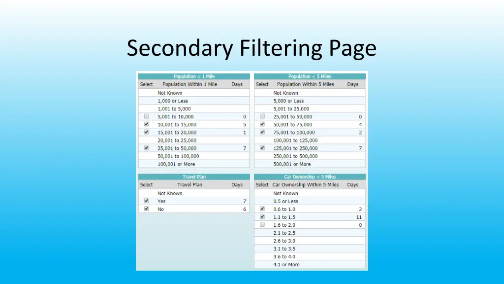 secondary filtering page