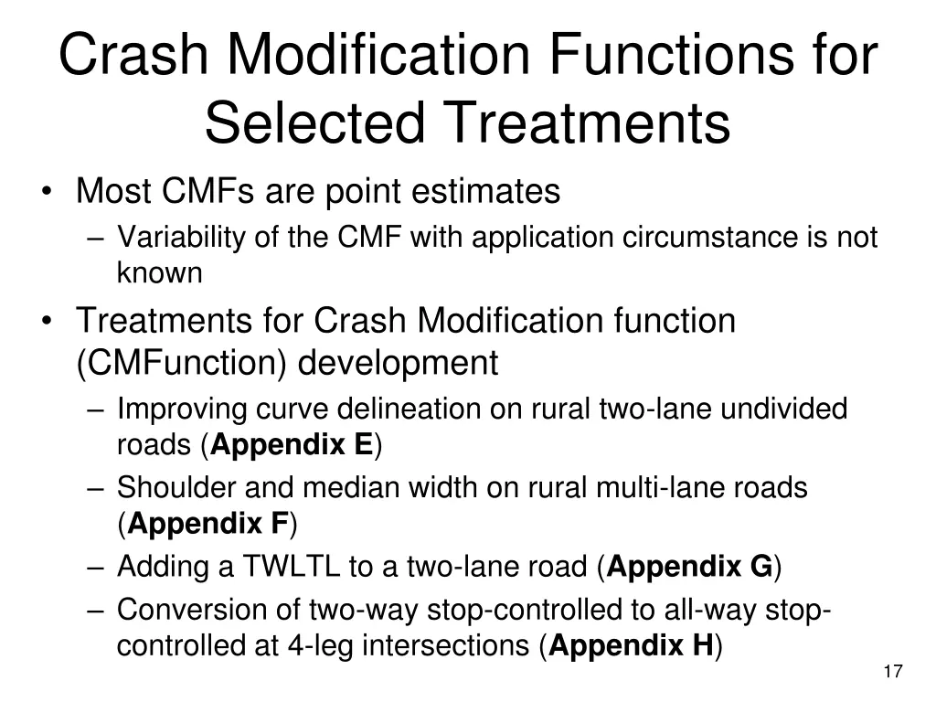 crash modification functions for selected