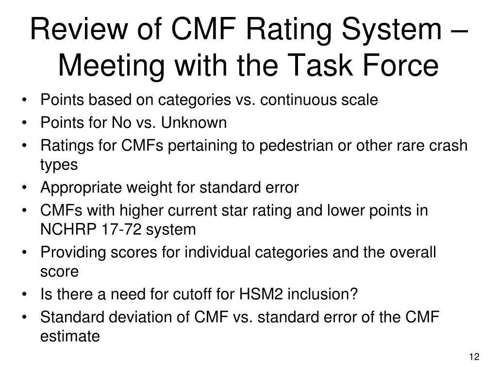 review of cmf rating system meeting with the task