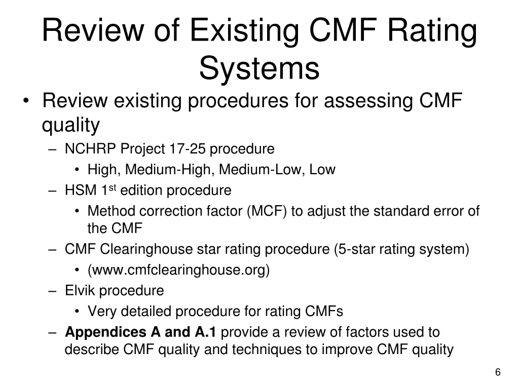 review of existing cmf rating systems review