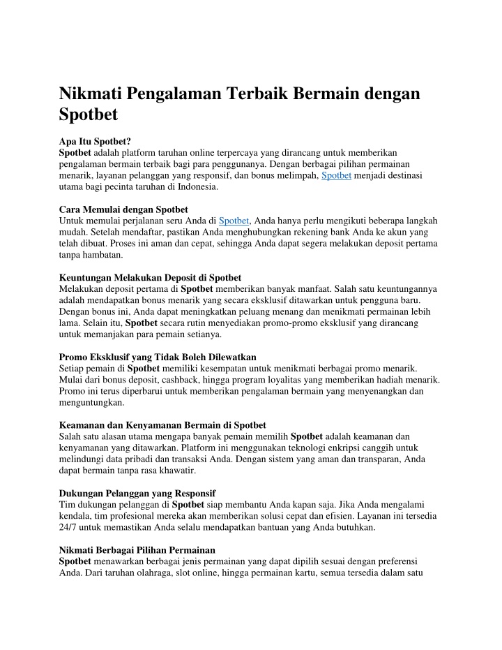 nikmati pengalaman terbaik bermain dengan spotbet