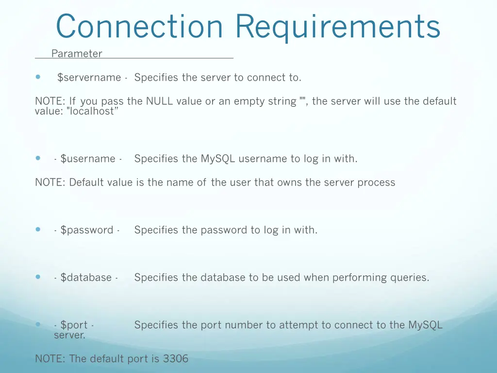 connection requirements parameter