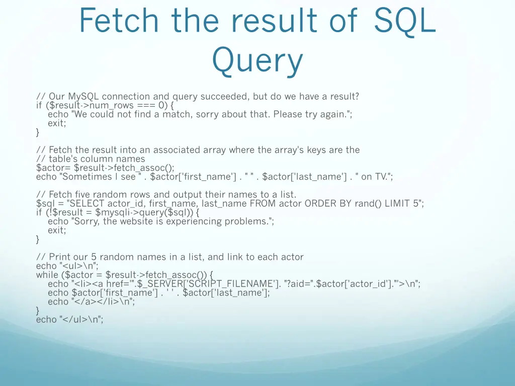 fetch the result of sql query