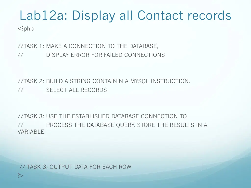 lab12a display all contact records php