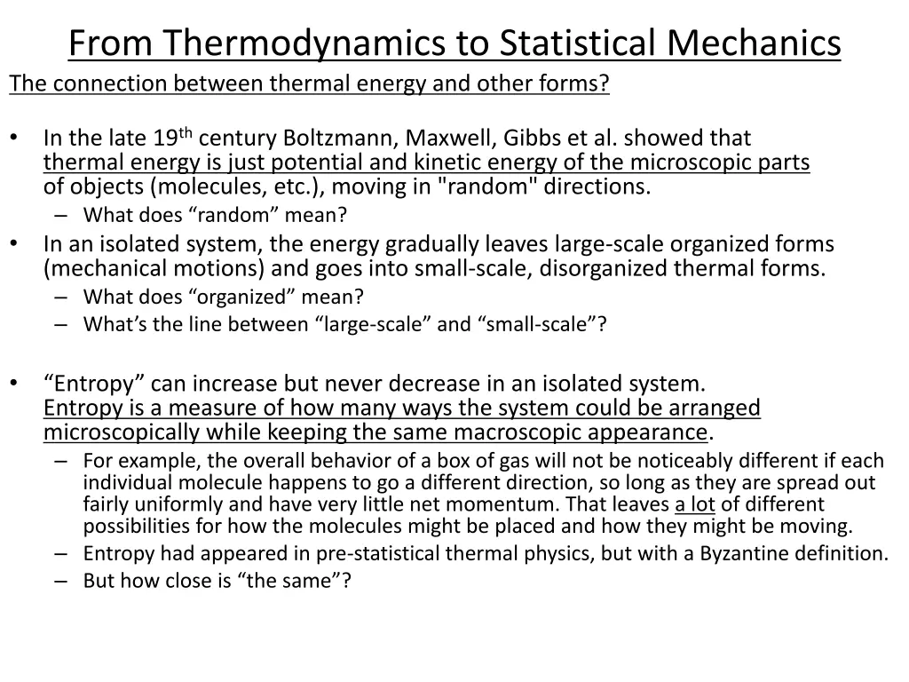 from thermodynamics to statistical mechanics