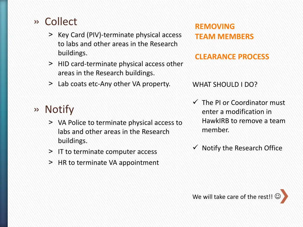 collect key card piv terminate physical access