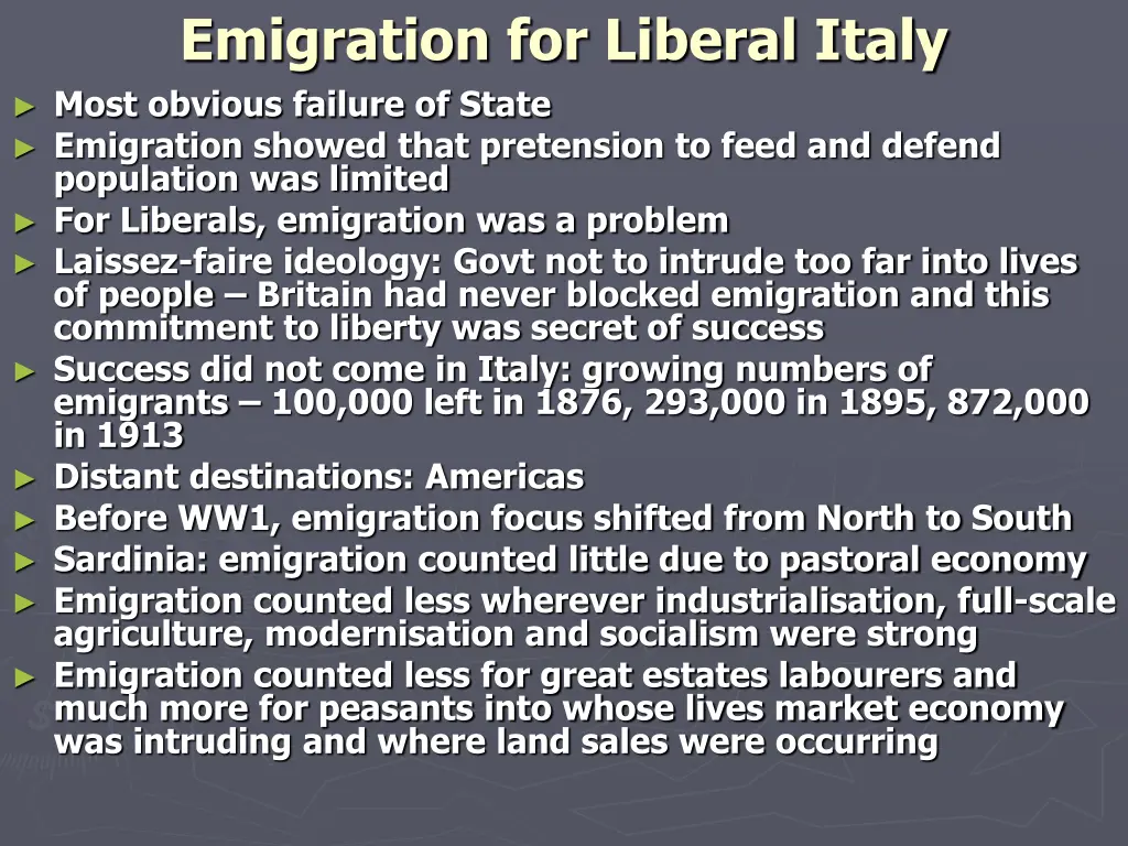 emigration for liberal italy most obvious failure