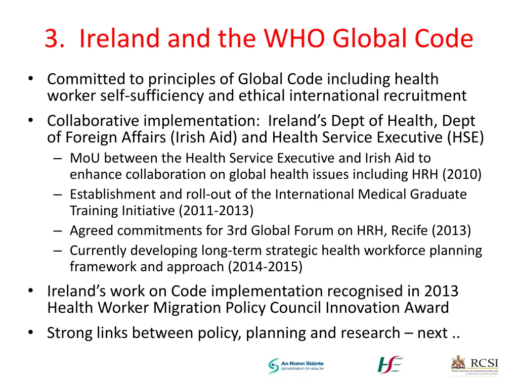 3 ireland and the who global code