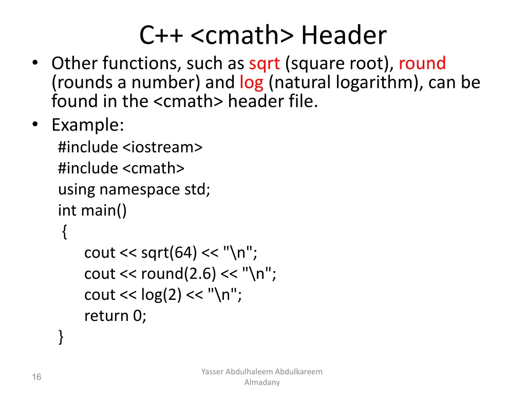 c cmath header other functions such as sqrt