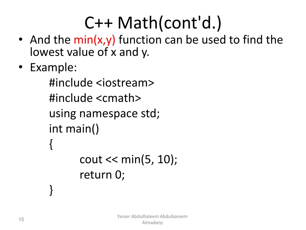 c math cont d and the min x y function