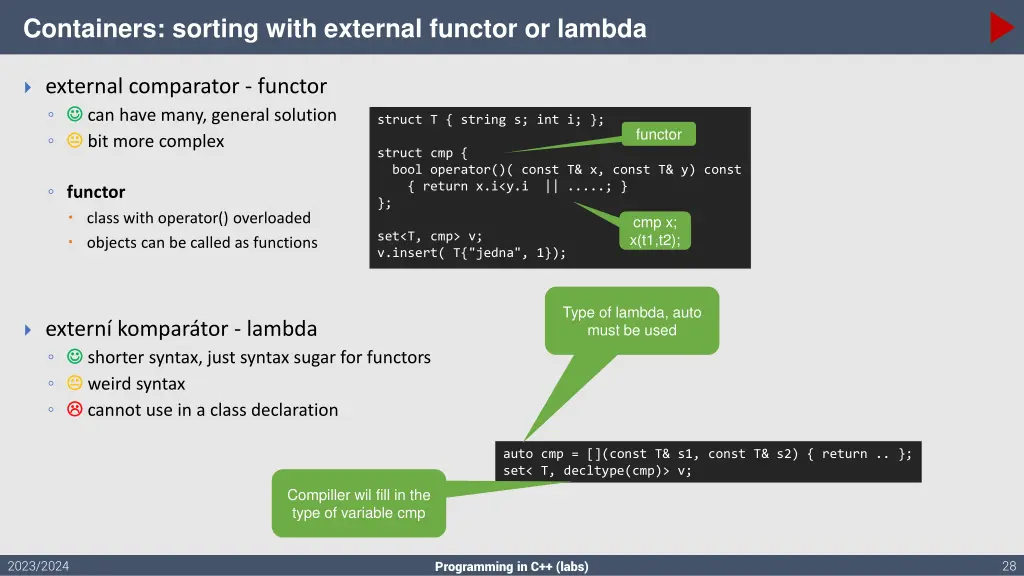 containers sorting with external functor or lambda