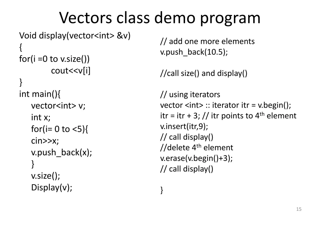 vectors class demo program void display vector