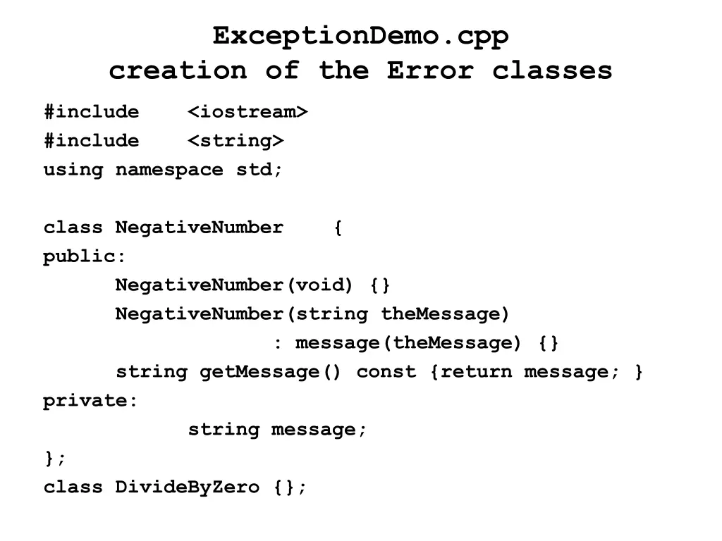 exceptiondemo cpp creation of the error classes