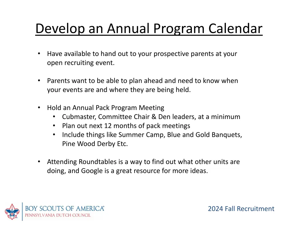 develop an annual program calendar