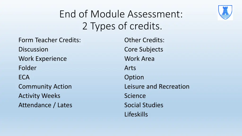 end of module assessment 2 types of credits