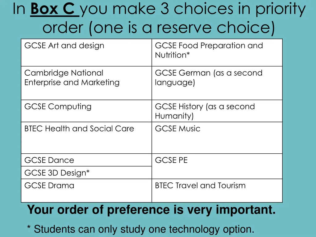 in box c you make 3 choices in priority order