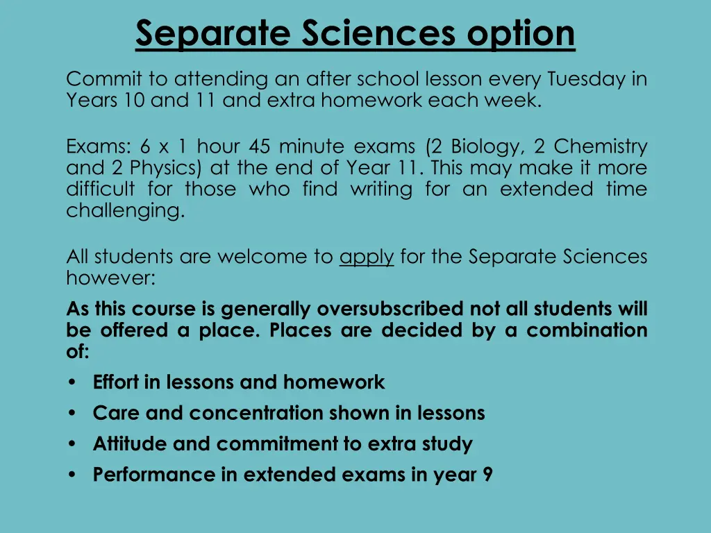 separate sciences option