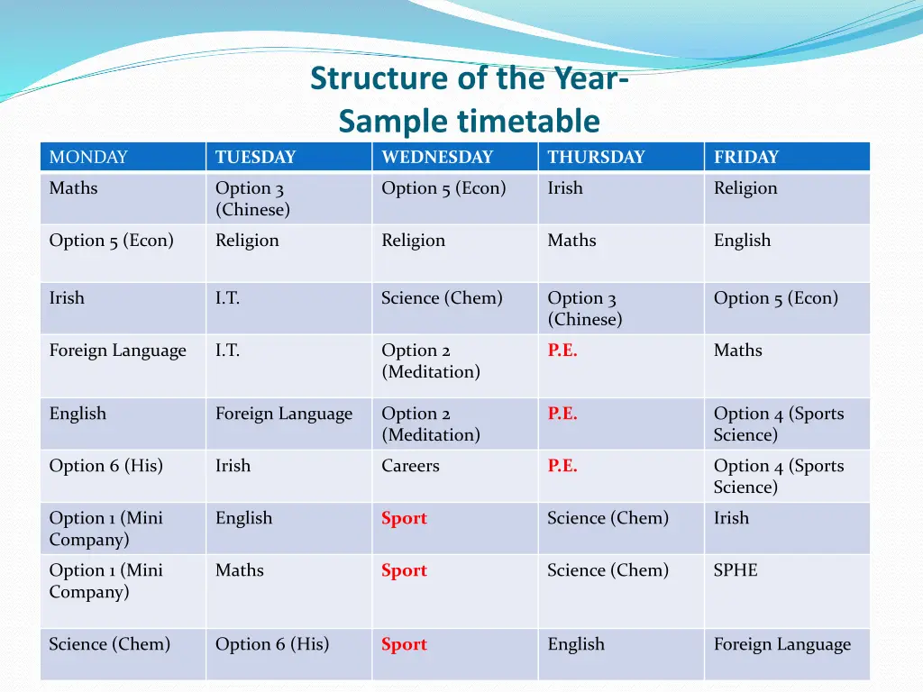 structure of the year sample timetable wednesday