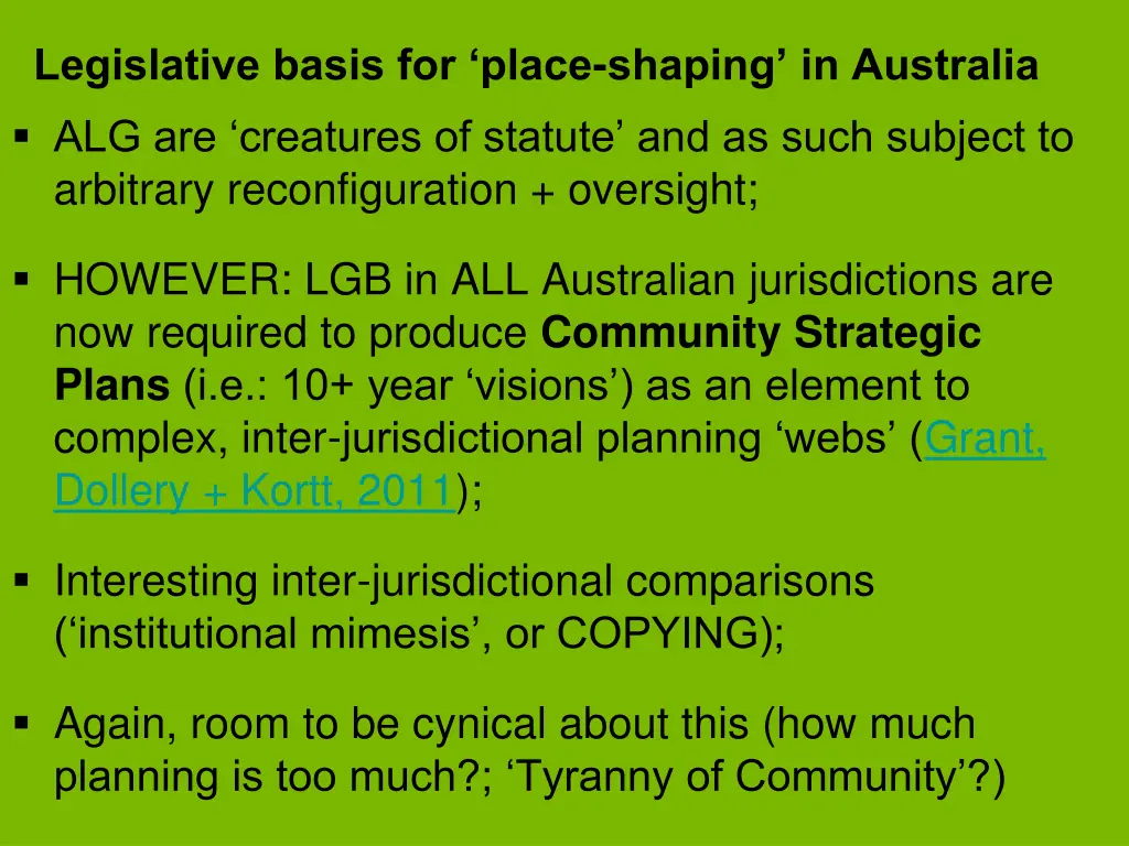 legislative basis for place shaping in australia