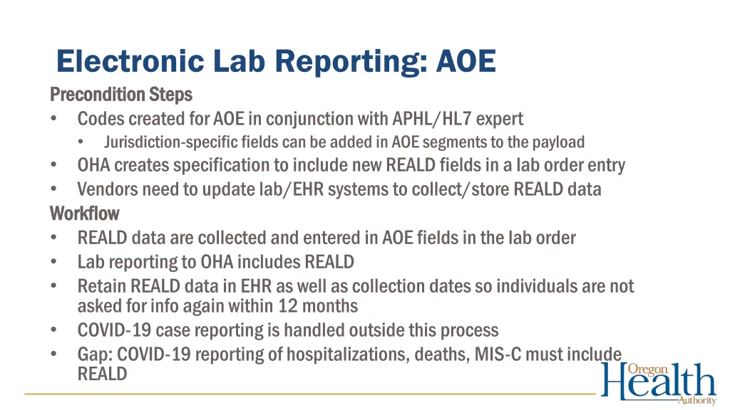 electronic lab reporting aoe precondition steps