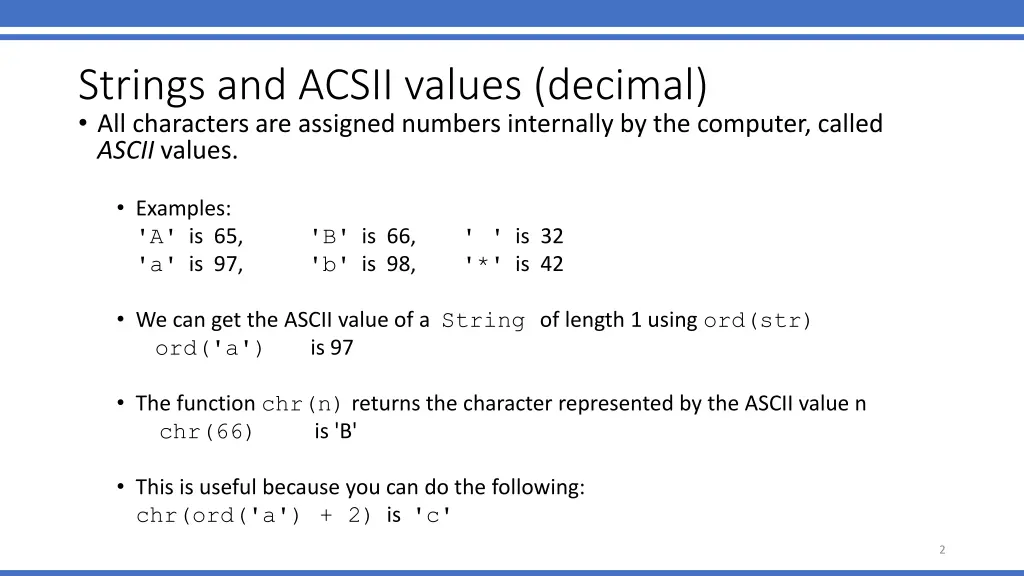 strings and acsii values decimal all characters