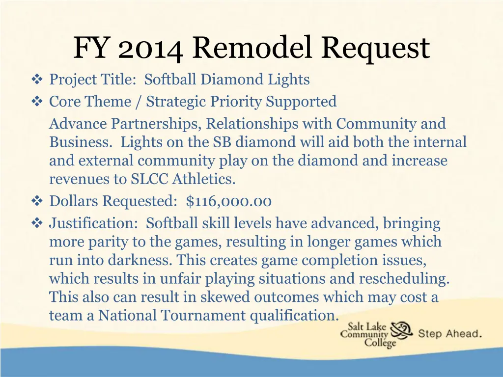 fy 2014 remodel request project title softball