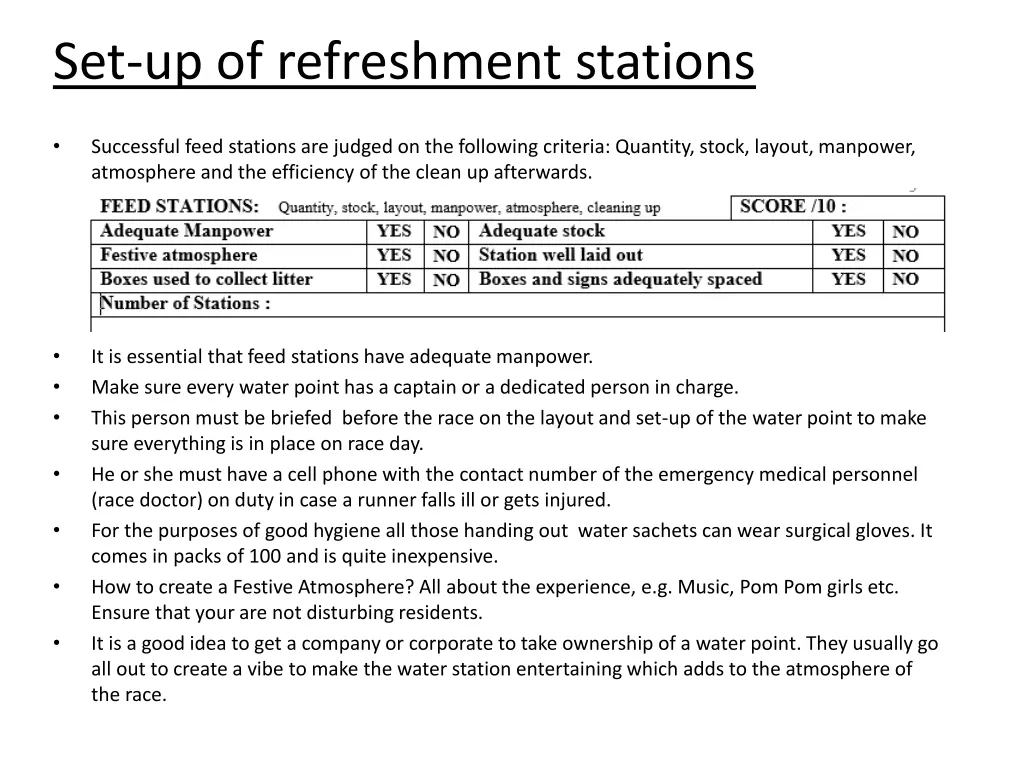 set up of refreshment stations