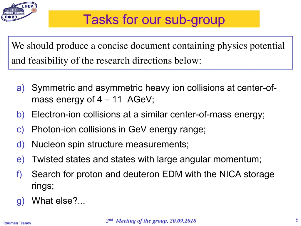 tasks for our sub group