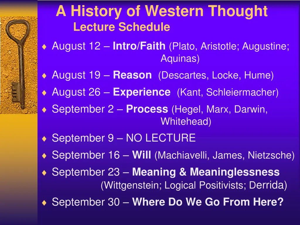 a history of western thought lecture schedule