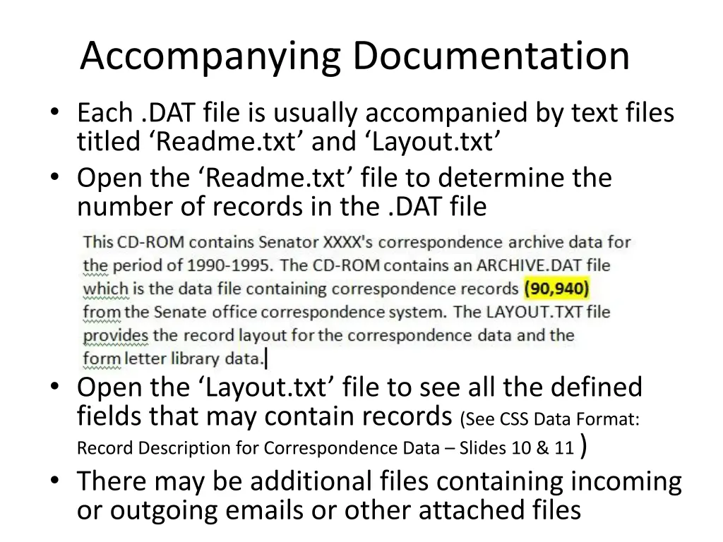 accompanying documentation each dat file