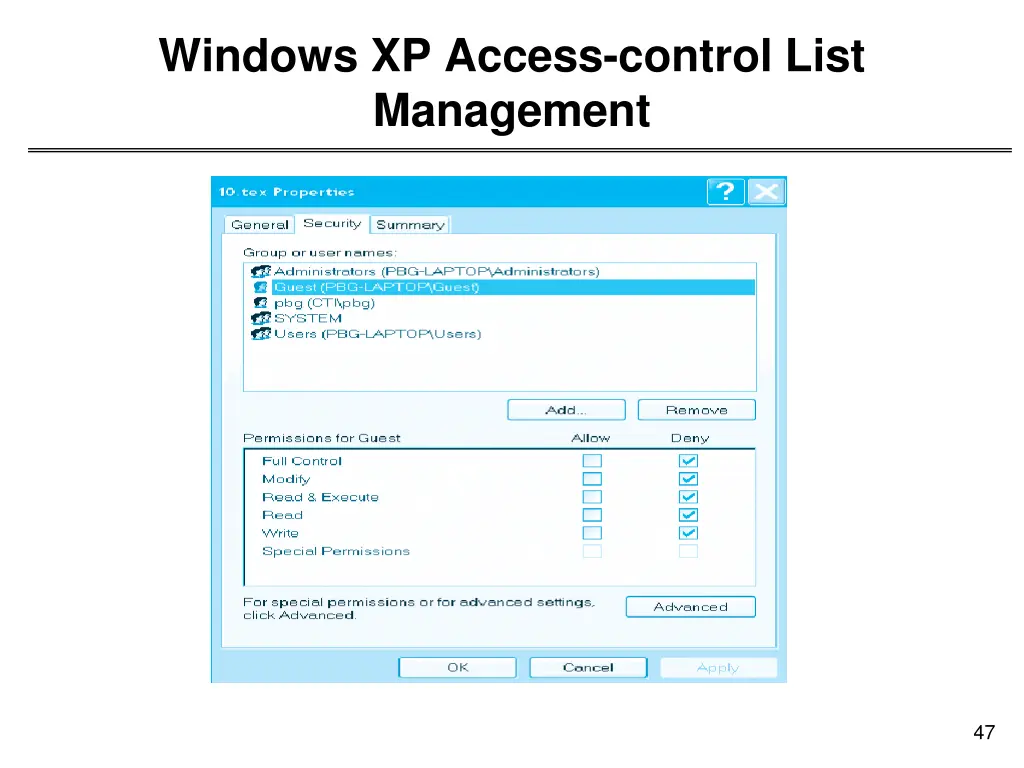 windows xp access control list management